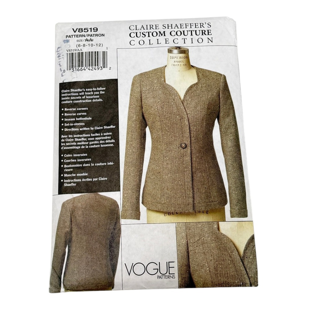 Vogue V8519 Claire Shaeffer Couture Jacket Pattern Size 6 8 10 12 New Uncut